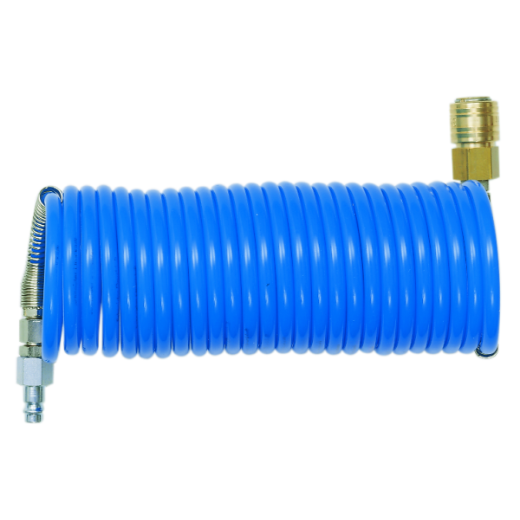 Robuster Spiralschlauch für Druckluftanwendungen, flexibel und platzsparend, ideal für Werkstatt, Industrie oder Heimgebrauch.
