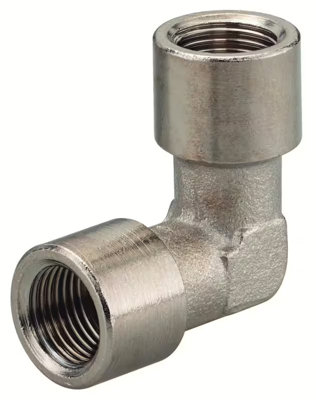 Hochwertiger Metall-Winkelverbinder mit beidseitigem Innengewinde, ideal für sichere und langlebige Rohr- und Schlauchverbindungen in Druckluft- und Flüssigkeitssystemen.