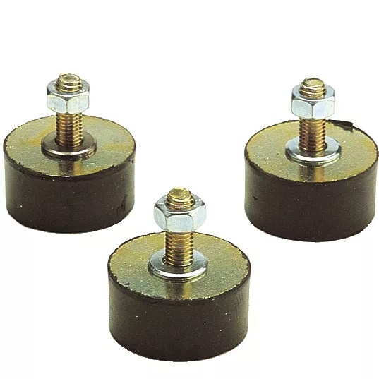 Einseitige Gummischwingelemente mit 100 mm Durchmesser zur Vibrationsdämpfung von Maschinen und Anlagen.