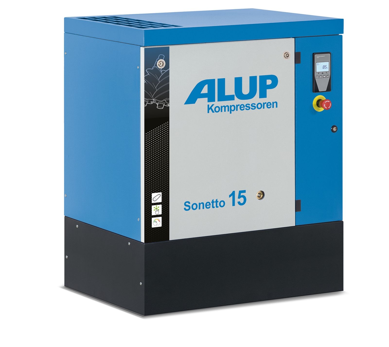 Robuster Schraubenkompressor Alup SONETTO 8-20 mit IE3-Motoren (7,5–15 kW), 8–13 bar Betriebsdruck und Luftabgabe von 41,8 bis 111,6 m³/h. Kompakt, leise (ab 64 dB(A)) und wartungsfreundlich – ideal für Werkstätten und industrielle Anwendungen.