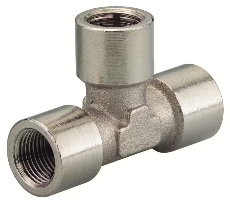 T-Stück mit R 1/8" Innengewinde an allen drei Anschlüssen, ermöglicht die Verzweigung von Rohr- oder Schlauchleitungen in Druckluftsystemen.