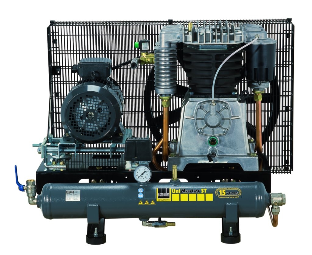 Robuster Kolbenkompressor Schneider UNM STB mit 10-Liter-Druckbehälter, 10 bar max. Druck und 660 l/min Ansaugleistung. Ideal für Werkstätten und industrielle Anwendungen.
