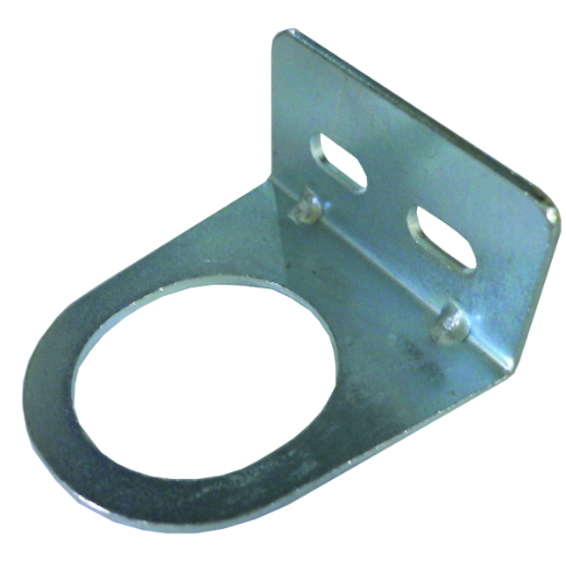 Robuste Winkelbefestigung aus Metall zur sicheren Befestigung von Geräten, Rohren oder Schläuchen an Wänden oder Maschinen in Werkstatt und Industrie.