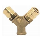 Kompletter Zweierverteiler R 3/8"i aus Metall, ermöglicht die Aufteilung von Luft- oder Flüssigkeitsströmen auf zwei Anschlüsse in Rohr- und Schlauchleitungen.