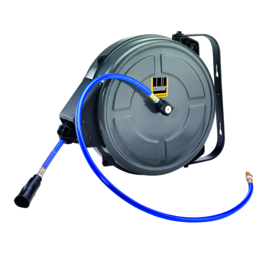 Schlauchaufroller mit automatischem Aufrollmechanismus für einfache Handhabung und platzsparendes Verstauen von Druckluftschläuchen.