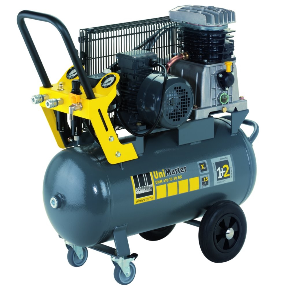 Kompressor UNM 410-10-50 DX, ein robuster Kolbenkompressor mit hoher Förderleistung und großem Lufttank, ideal für Dauerbetrieb in Werkstätten, Industrieanlagen und handwerklichen Anwendungen.