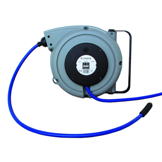 Automatischer Schlauchaufroller mit 10 m Schlauchlänge (12 x 8 mm) für einfache Handhabung und platzsparendes Verstauen von Druckluftschläuchen.