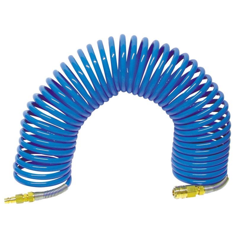 Flexibler Spiralschlauch 6,5 x 10 mm, 12 Meter Länge, komplett mit Kupplung und Tülle für Druckluftanwendungen.