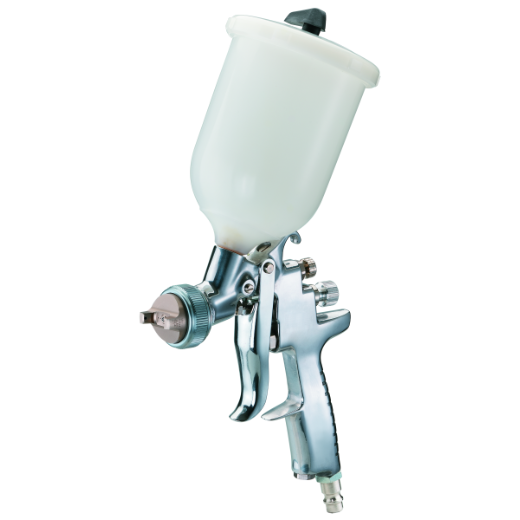 Handliche Farbspritzpistole aus Metall und Kunststoff, ideal für das Auftragen von Farben und Lacken auf Oberflächen in Heimwerker- und Profi-Projekten.