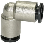 Metallischer Winkelverbinder, ermöglicht stabile 90°-Verbindungen zwischen Rohren oder Schläuchen in Druckluft- oder Flüssigkeitssystemen.