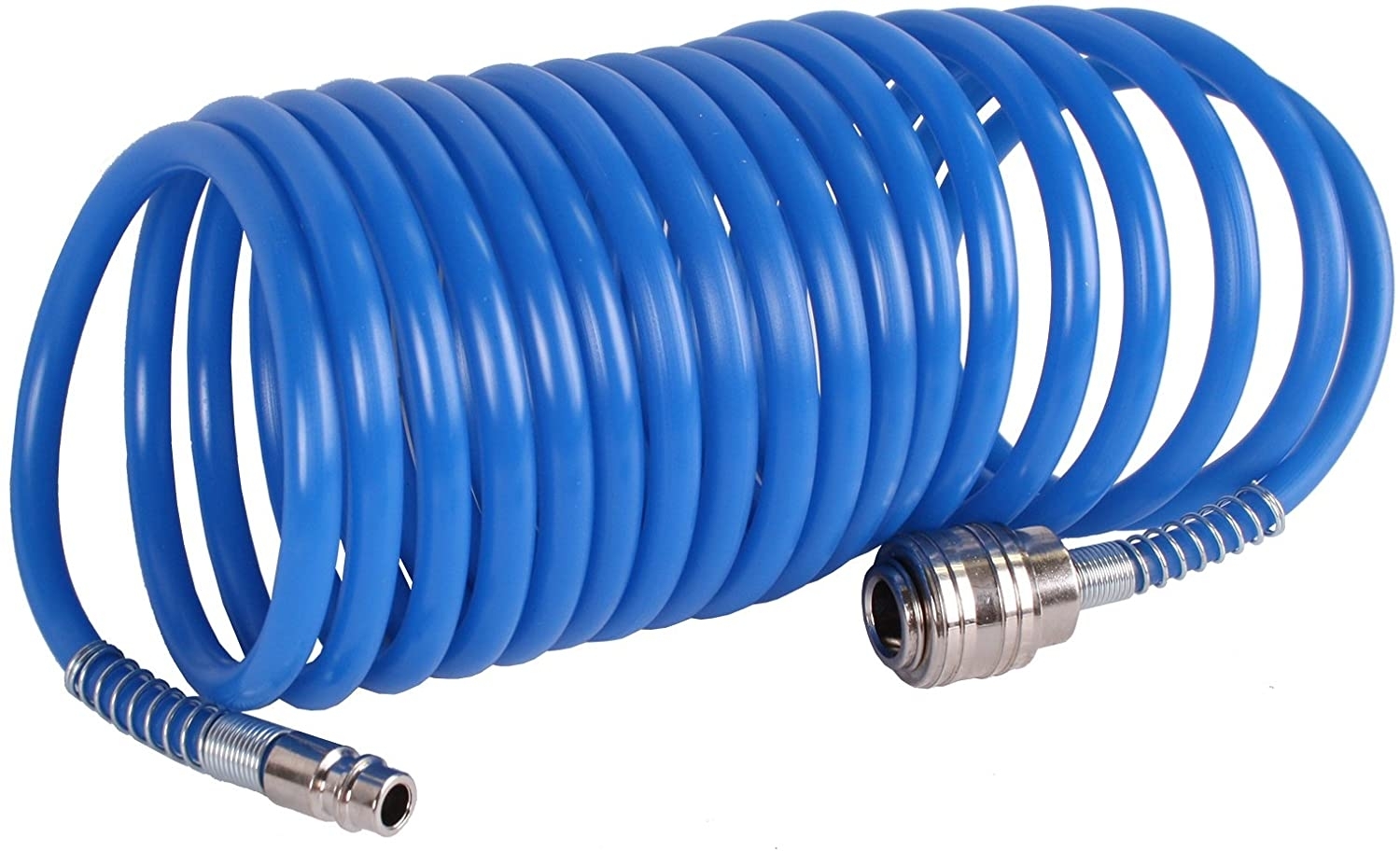 Spiralschlauch aus widerstandsfähigem Material, flexibel und platzsparend, ideal für den Einsatz mit Druckluft- oder Wassersystemen in Werkstatt und Industrie.