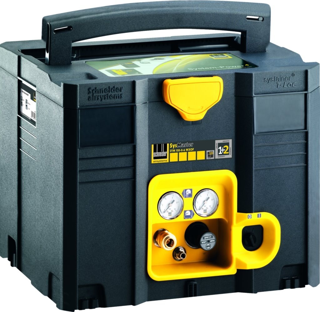 SYSMASTER 150-8-6-WXOF Kompressor im praktischen Systainer-Design, mobil einsetzbar, ideal für Werkstatt- und Handwerksanwendungen, mit integriertem Tragegriff und robustem Gehäuse.