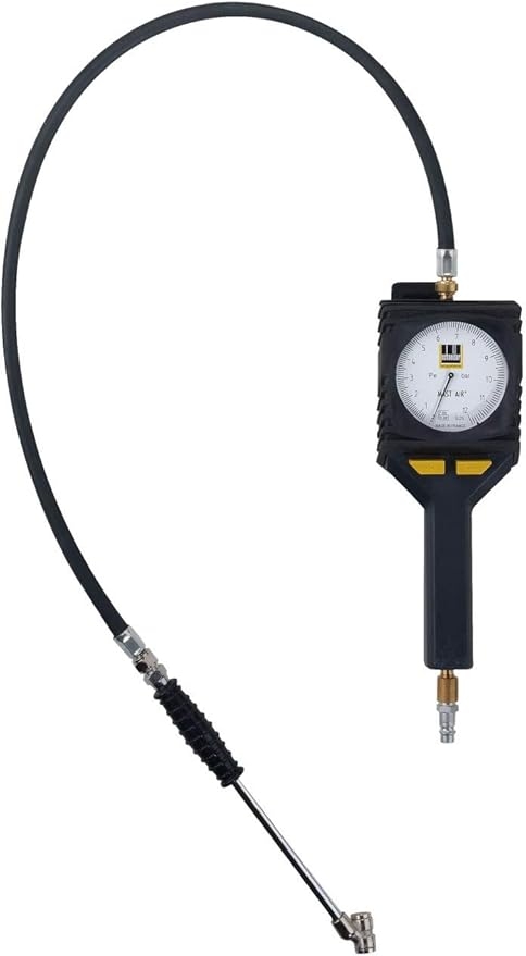 Abbildung des Reifenfüllers RF12DVG 0,8 mit Ventilstecker, verwendet zum genauen Befüllen und Prüfen des Reifendrucks an Fahrzeugen, ausgestattet mit robustem Gehäuse und ergonomischem Griff.