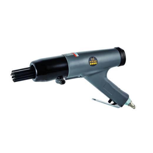 Abbildung eines Pistolen-Nadelentrosters, eines handgeführten Geräts, das Rost und Ablagerungen von Metalloberflächen entfernt, ideal für Restaurierung, Wartung und Metallbearbeitung.