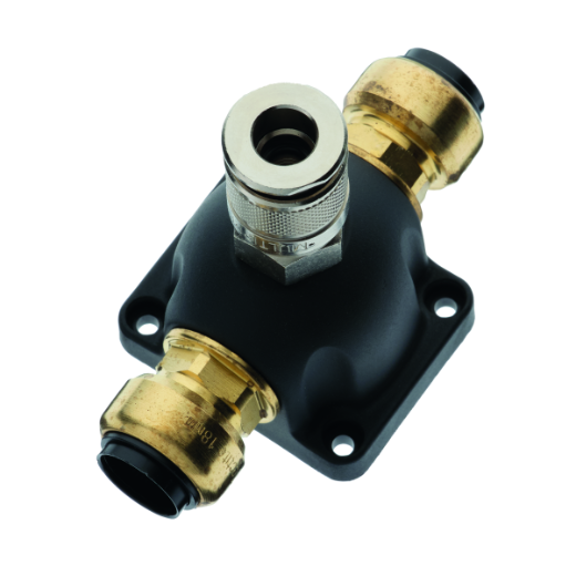 Kompakte Luftdurchgangsdose Midi für sauberen und sicheren Anschluss von Druckluftschläuchen in Werkstatt und Industrie.