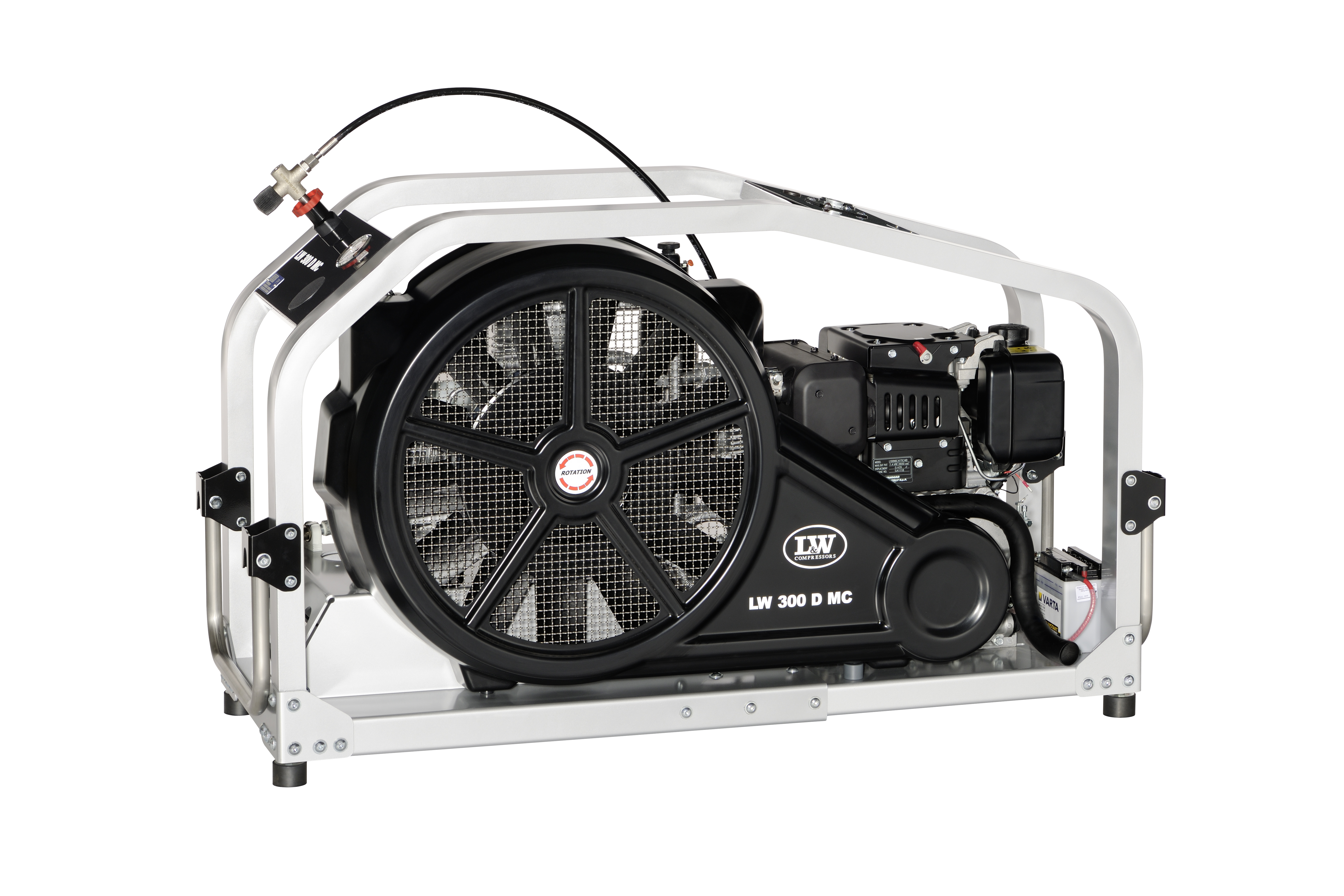 LW 300 D MC, ein kompakter Kompressor zur sicheren Befüllung von Druckluftflaschen, geeignet für Tauch-, Feuerwehr- und industrielle Anwendungen.