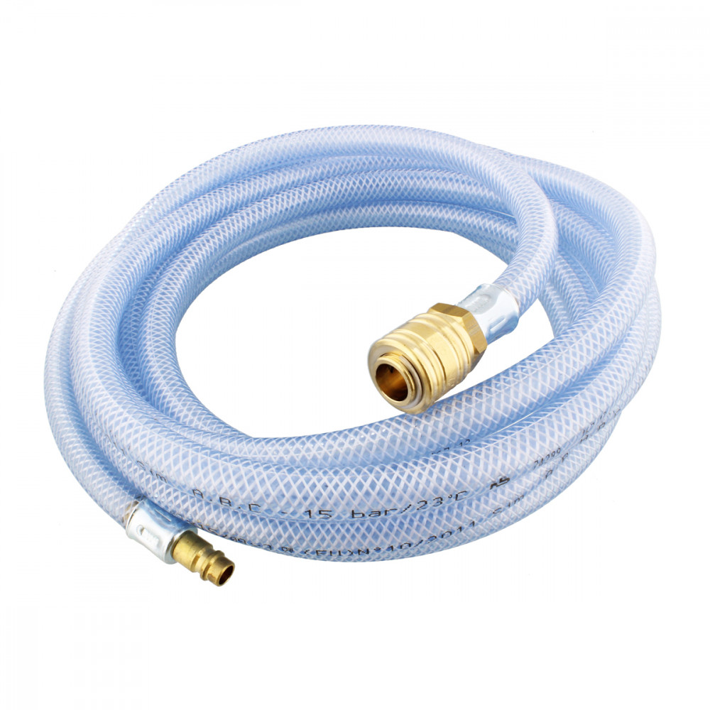 Abbildung eines klaren PVC-Gewebeschlauchs mit Gewebeeinlage, der durch seine Transparenz und Flexibilität ideal für Luft-, Wasser- und Flüssigkeitsleitungen in Industrie und Handwerk geeignet ist.