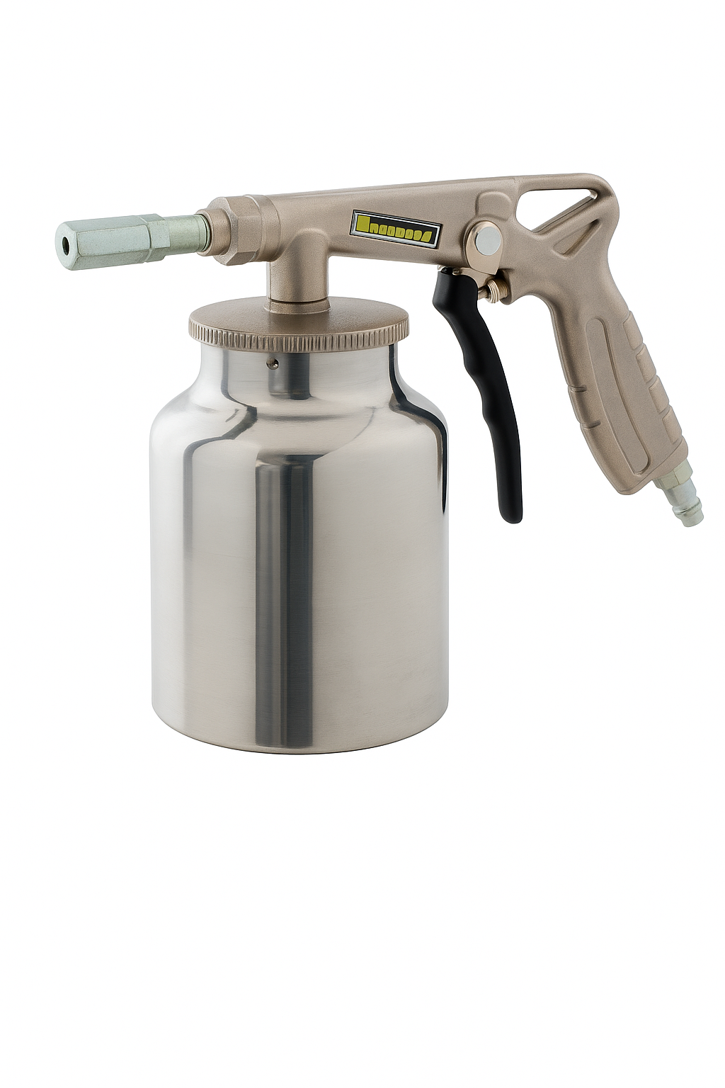 Robuste Strahlpistole für abrasive oder luftbetriebene Reinigungsarbeiten; ergonomischer Griff, Düsenauslass und Anschluss für Druckluftschläuche zur gezielten Entfernung von Rost, Farbe und Schmutz.