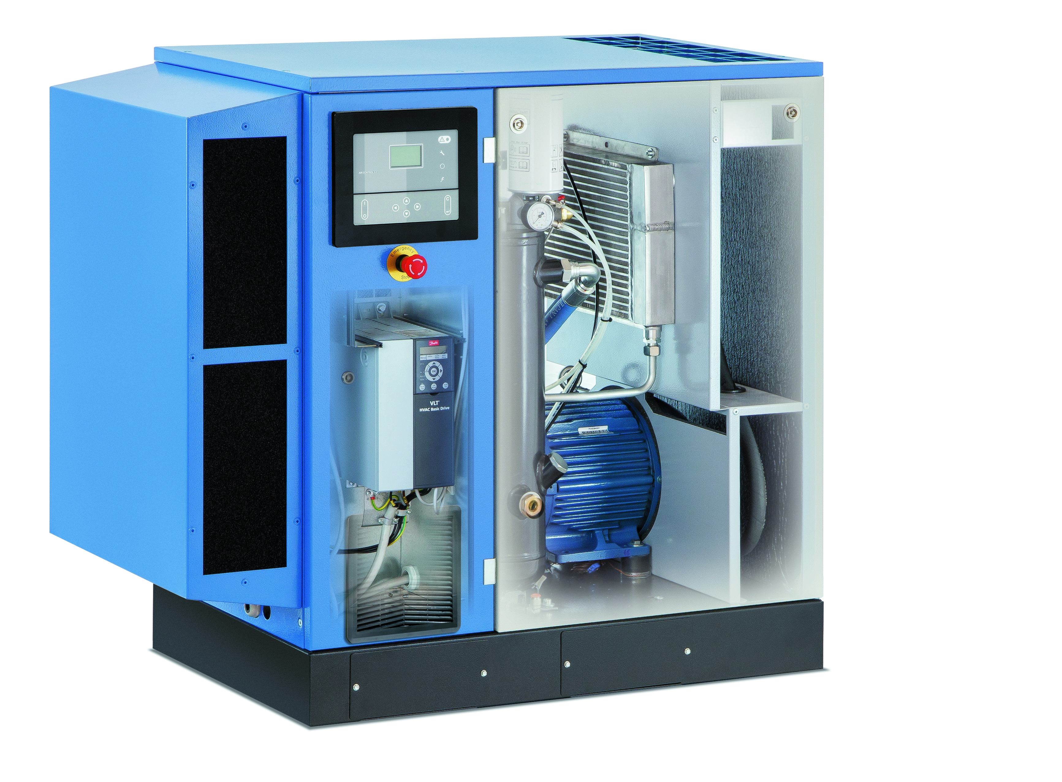 Abbildung des Schraubenkompressors ALLEGRO, einem öleingespritzten Kompressor für kontinuierliche Luftversorgung in industriellen und handwerklichen Anwendungen, ausgestattet für hohe Förderleistung und zuverlässigen Dauerbetrieb.