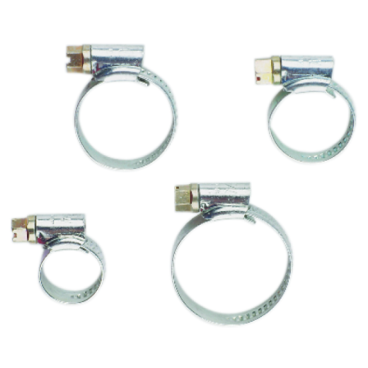 Metallische Schlauchschelle SRK mit verstellbarem Durchmesser von 12–20 mm, zur sicheren Fixierung von Schläuchen an Rohr- oder Verbindungssystemen.