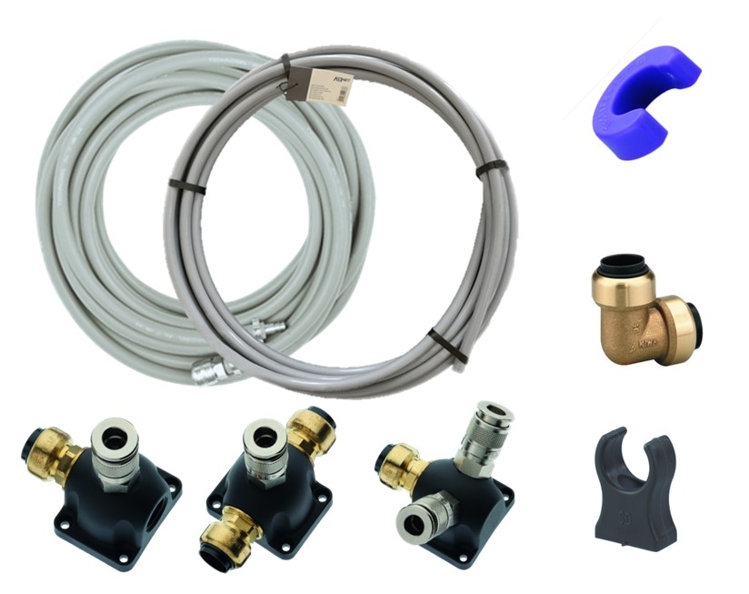 AirNet Beginner-Set mit 15 mm Leitungen und Zubehör für den einfachen Aufbau eines kompakten Druckluftsystems, ideal für Werkstatt und Heimgebrauch.