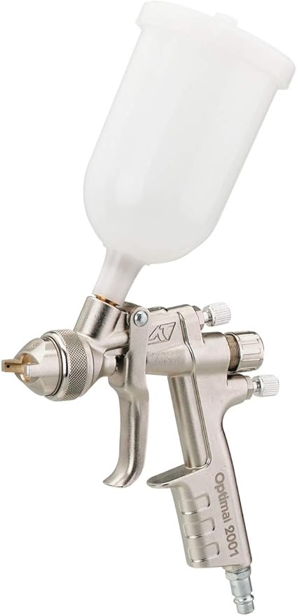 Abbildung einer Farbspritzpistole, die Farbe oder Lack fein zerstäubt auf Oberflächen aufträgt, ideal für Möbel, Fahrzeuge oder Wände, um ein glattes und gleichmäßiges Finish zu erzielen.