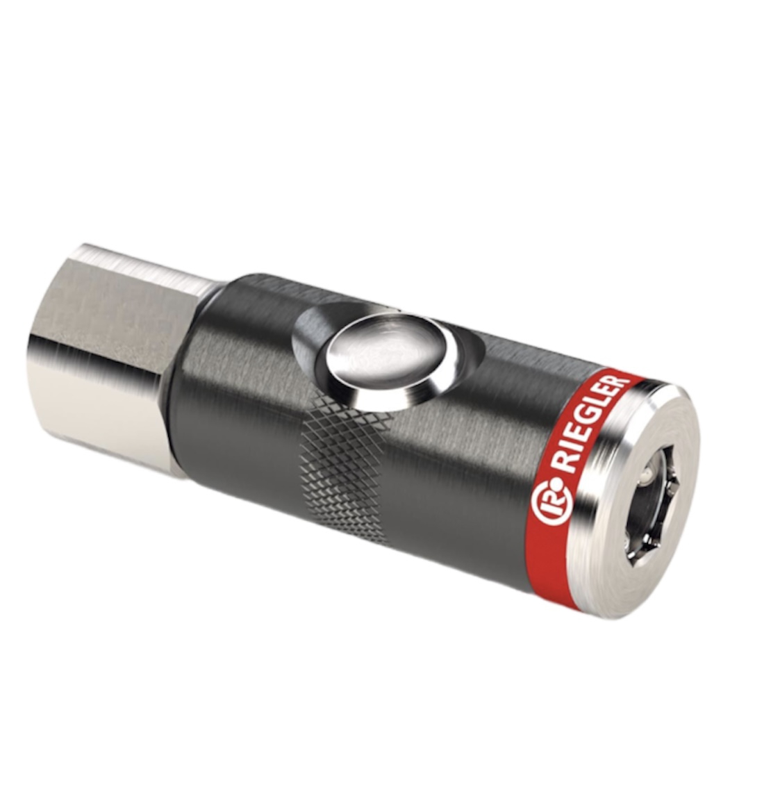 Abbildung einer Druckknopf-Sicherheitskupplung, die ein schnelles und kontrolliertes Koppeln und Trennen von Druckluftleitungen ermöglicht und unbeabsichtigtes Lösen verhindert.