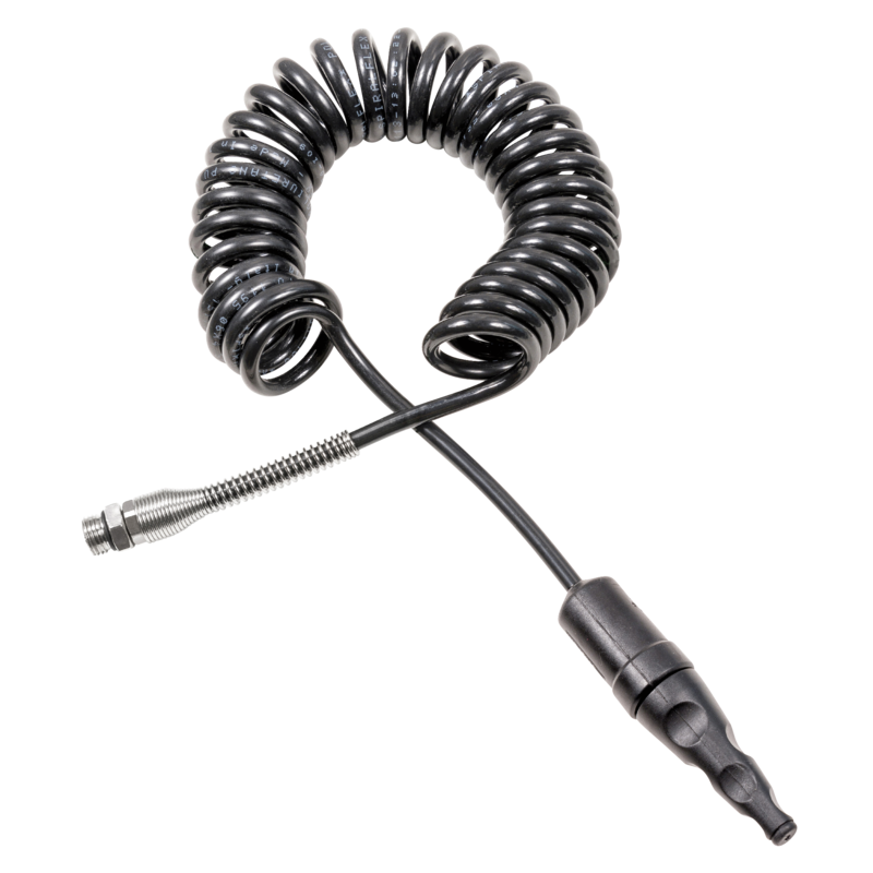 Ausblaspistole mit flexiblem Spiralschlauch, ideal zum Entfernen von Staub und Schmutz aus Werkstücken und schwer zugänglichen Stellen.