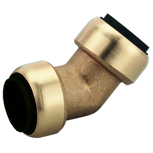 WS 45° Winkel-Steckverbinder aus robustem Metall für flexible Rohr- und Schlauchverbindungen in Druckluftsystemen; ermöglicht eine platzsparende Installation unter Winkel.