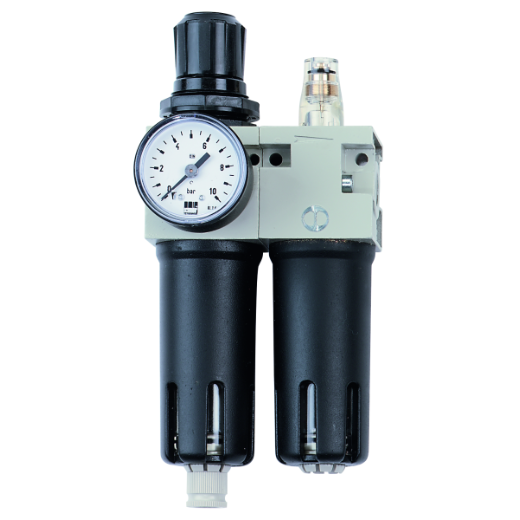 Metallene Wartungseinheit mit R 1" Anschluss und zwei Funktionsmodulen, sorgt für gefilterte, regulierte und geschmierte Druckluft in pneumatischen Systemen.