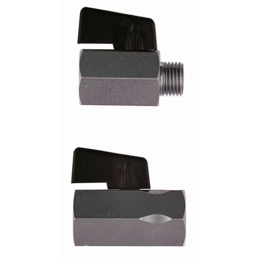 Mini-Kugelhahn mit Innen- und Außengewinde aus Metall zur zuverlässigen Absperrung von Flüssigkeits- oder Gasleitungen in kompakten Rohrsystemen.