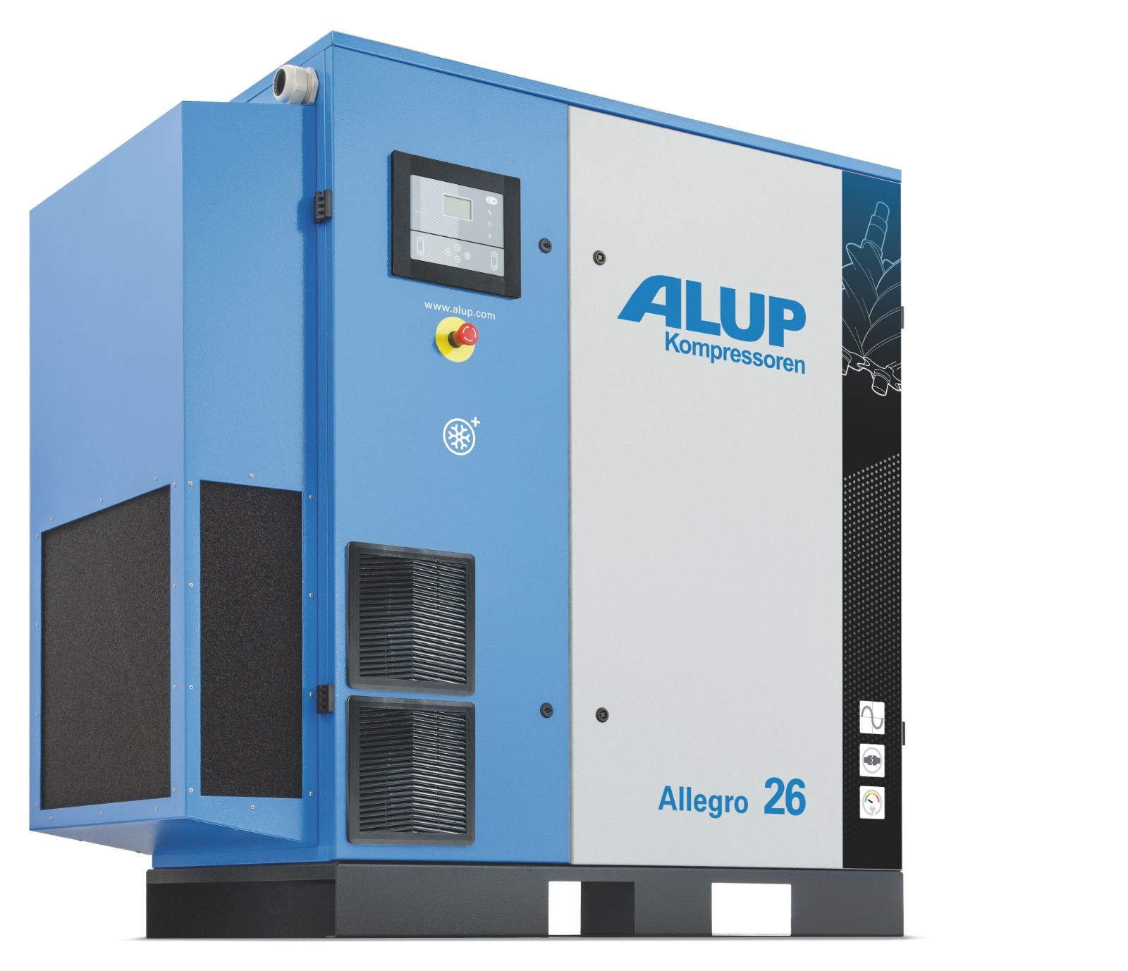 Abbildung des Schraubenkompressors ALLEGRO, einem öleingespritzten Schraubenkompressor für kontinuierliche Druckluftversorgung in industriellen und handwerklichen Anwendungen, ausgelegt für hohe Förderleistung und zuverlässigen Dauerbetrieb.