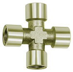 Metall-Kreuzstutzen mit Innengewinde auf allen vier Seiten, ideal zum Verteilen von Druckluft in mehreren Leitungen gleichzeitig.