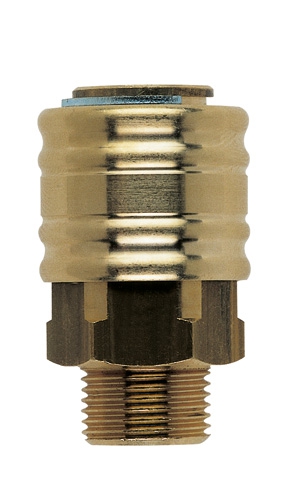 Einhandkupplung aus robustem Material mit Außengewinde, ermöglicht schnelles Koppeln und Trennen von Schläuchen in Druckluftanwendungen.