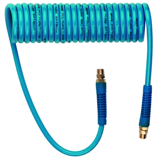 Abbildung eines flexiblen Spiralschlauchs für Druckluftanwendungen, platzsparend aufgerollt und ideal für den Einsatz mit Kompressoren und Werkzeugen.