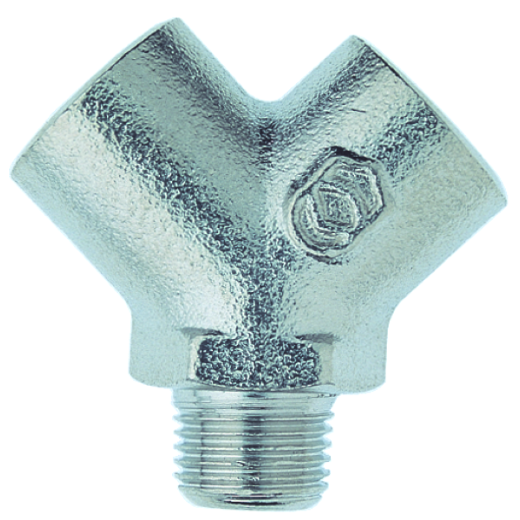 Metall-Zweierverteiler mit R 1/4" Gewinde, zur gleichzeitigen Verbindung und Verteilung von zwei Leitungen in Druckluft- oder Flüssigkeitssystemen.