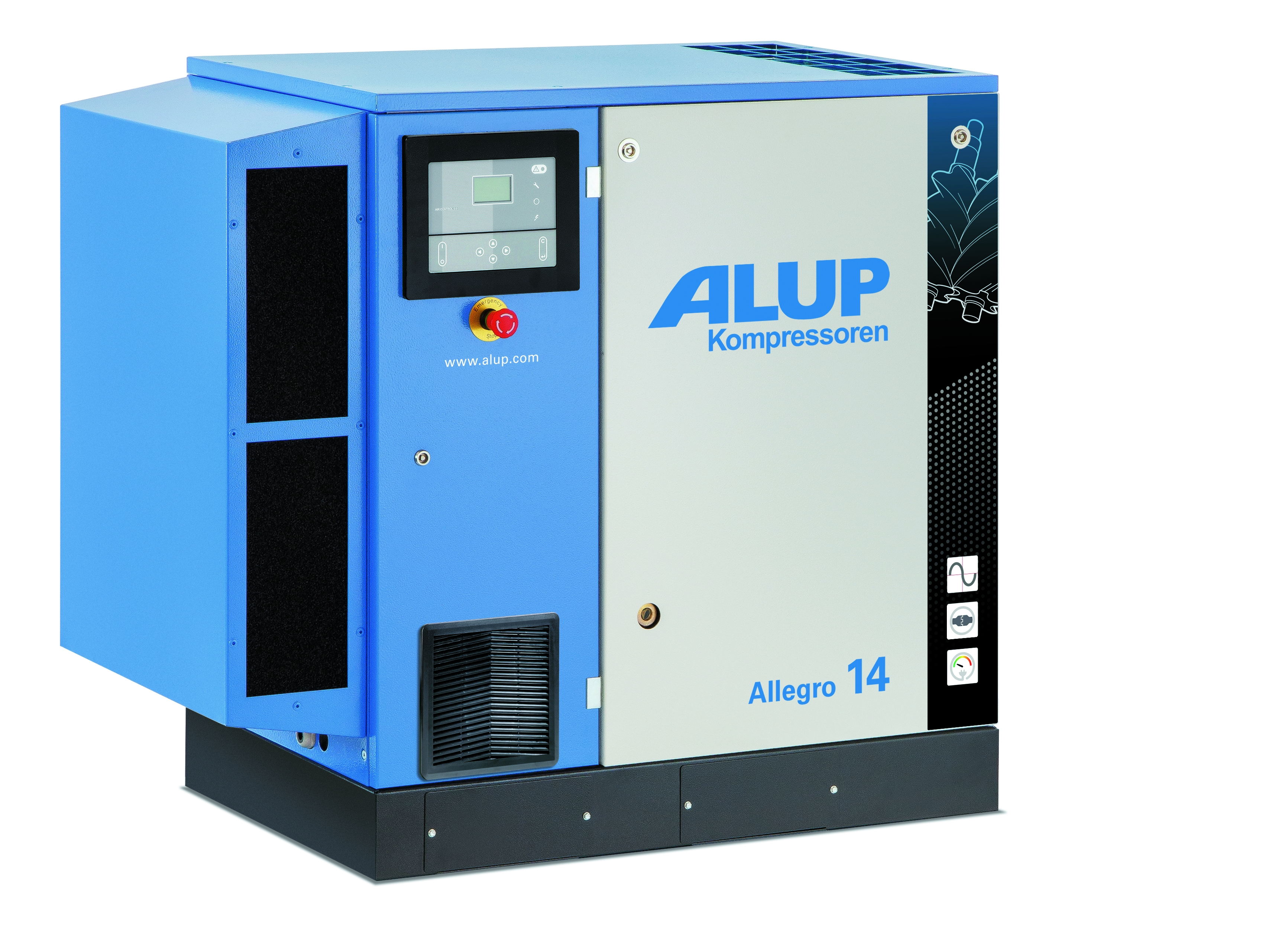 Leistungsstarker Schraubenkompressor ALLEGRO für kontinuierliche Druckluftversorgung in Werkstatt, Industrie und Handwerksbetrieben.