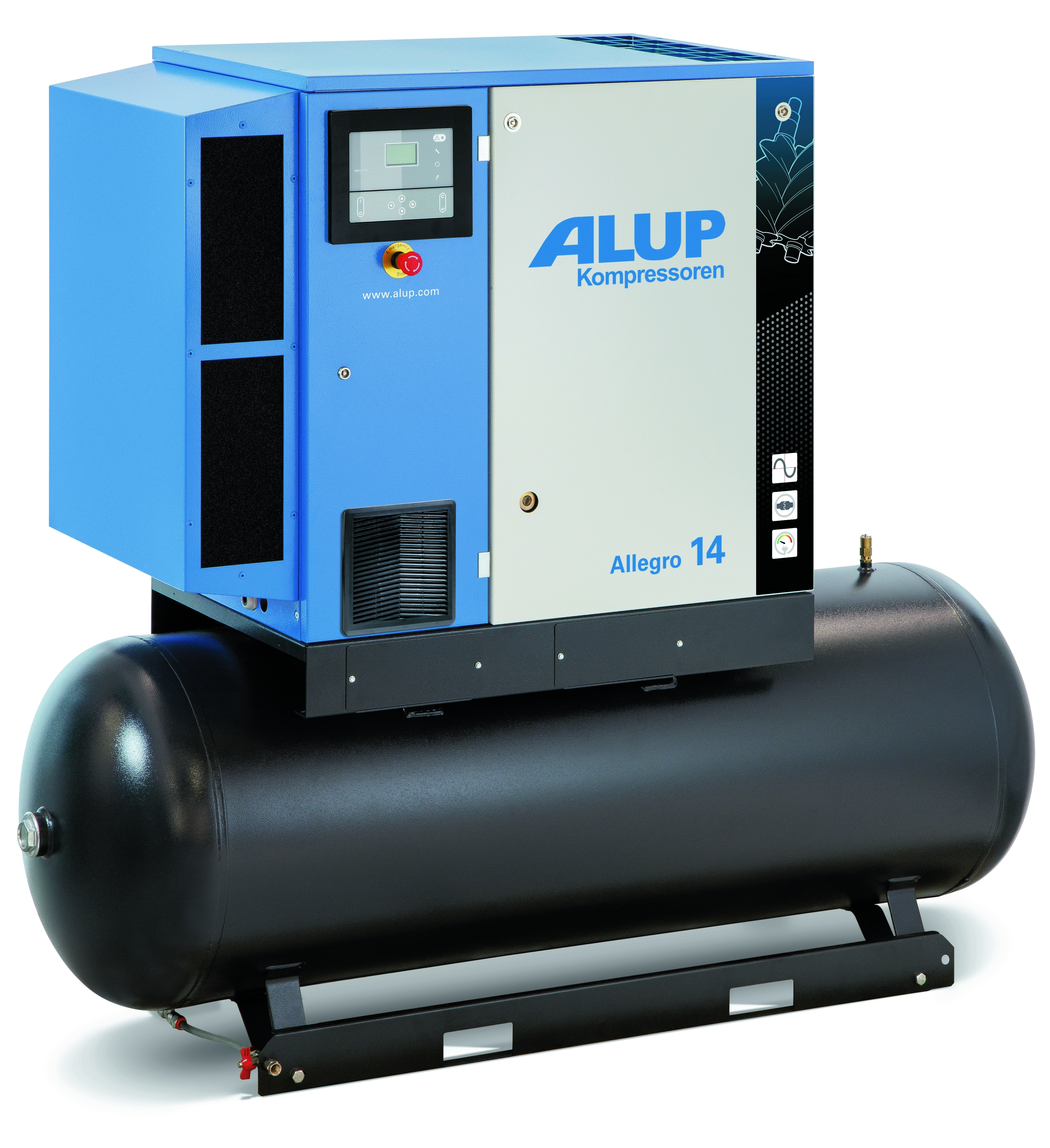 Schraubenkompressor ALLEGRO 14+13 500 400/50-AD für industrielle Druckluftanwendungen, mit robustem Gehäuse, hoher Förderleistung und zuverlässigem Dauerbetrieb.