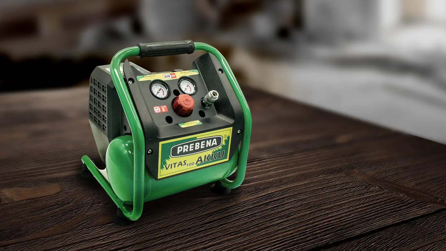 VITAS100-AKKU Akku-Kompressor für mobilen Einsatz, ideal für Werkstatt, Garage und Outdoor-Anwendungen ohne Stromanschluss.