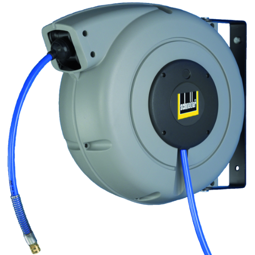 Automatischer Schlauchaufroller mit 15 m Schlauchlänge für Druckluftsysteme; ermöglicht einfaches Auf- und Abrollen des Schlauchs und sorgt für ordentliche und sichere Lagerung.