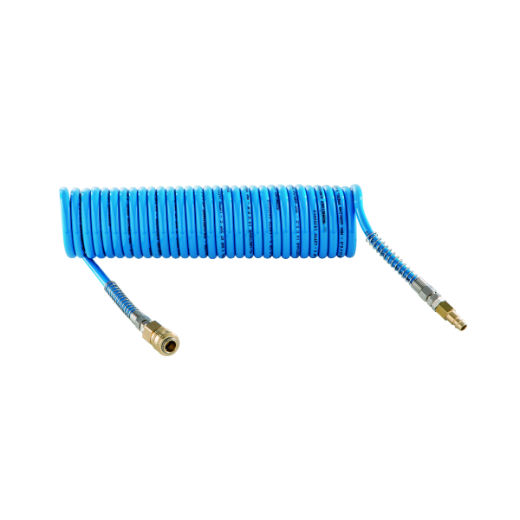 Flexibler Spiralschlauch für Druckluftwerkzeuge und Leitungen, platzsparend und robust im Einsatz.