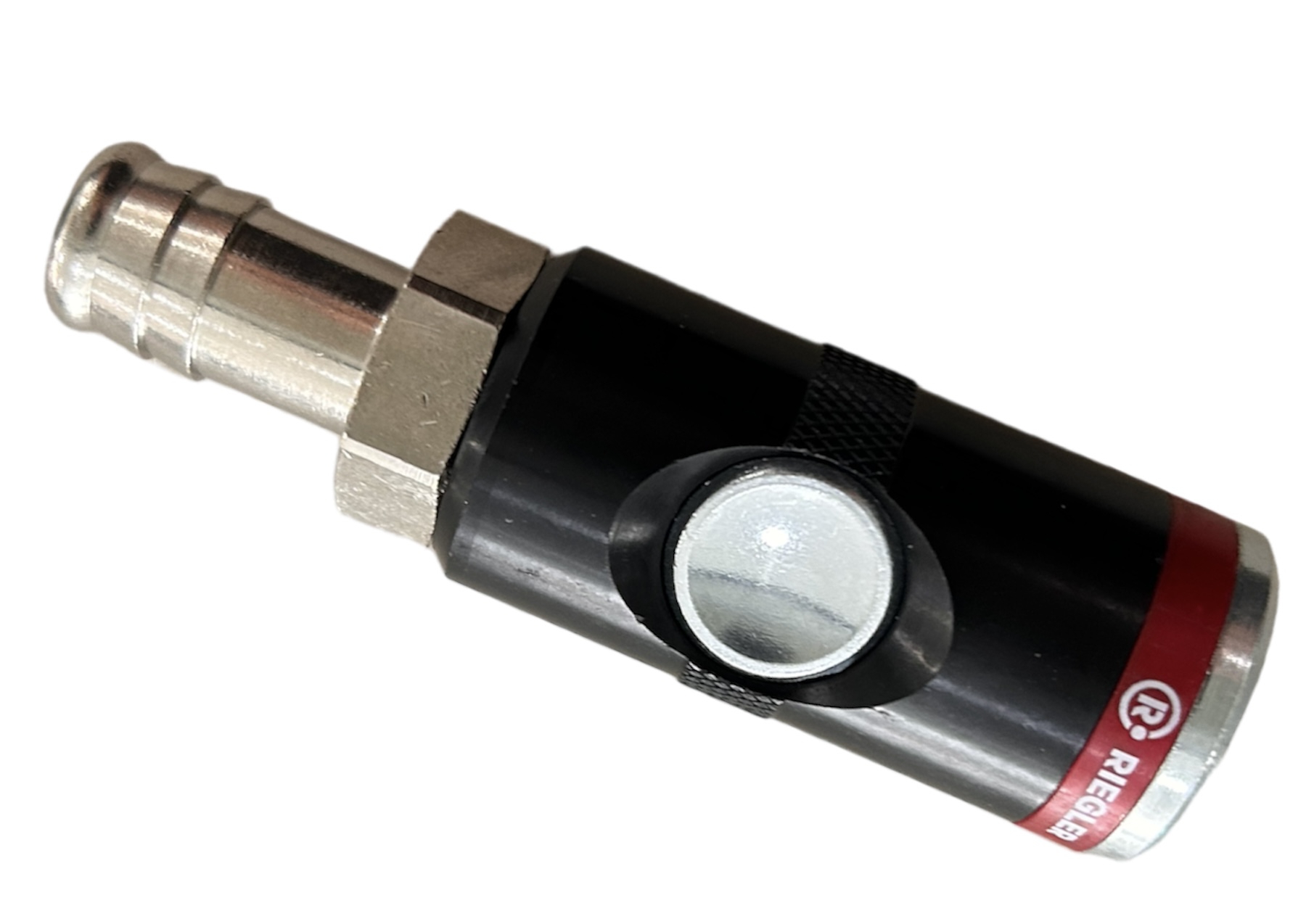 Druckknopf-Sicherheitskupplung aus robustem Material, ermöglicht einfaches und sicheres Koppeln sowie Trennen von Druckluftleitungen.