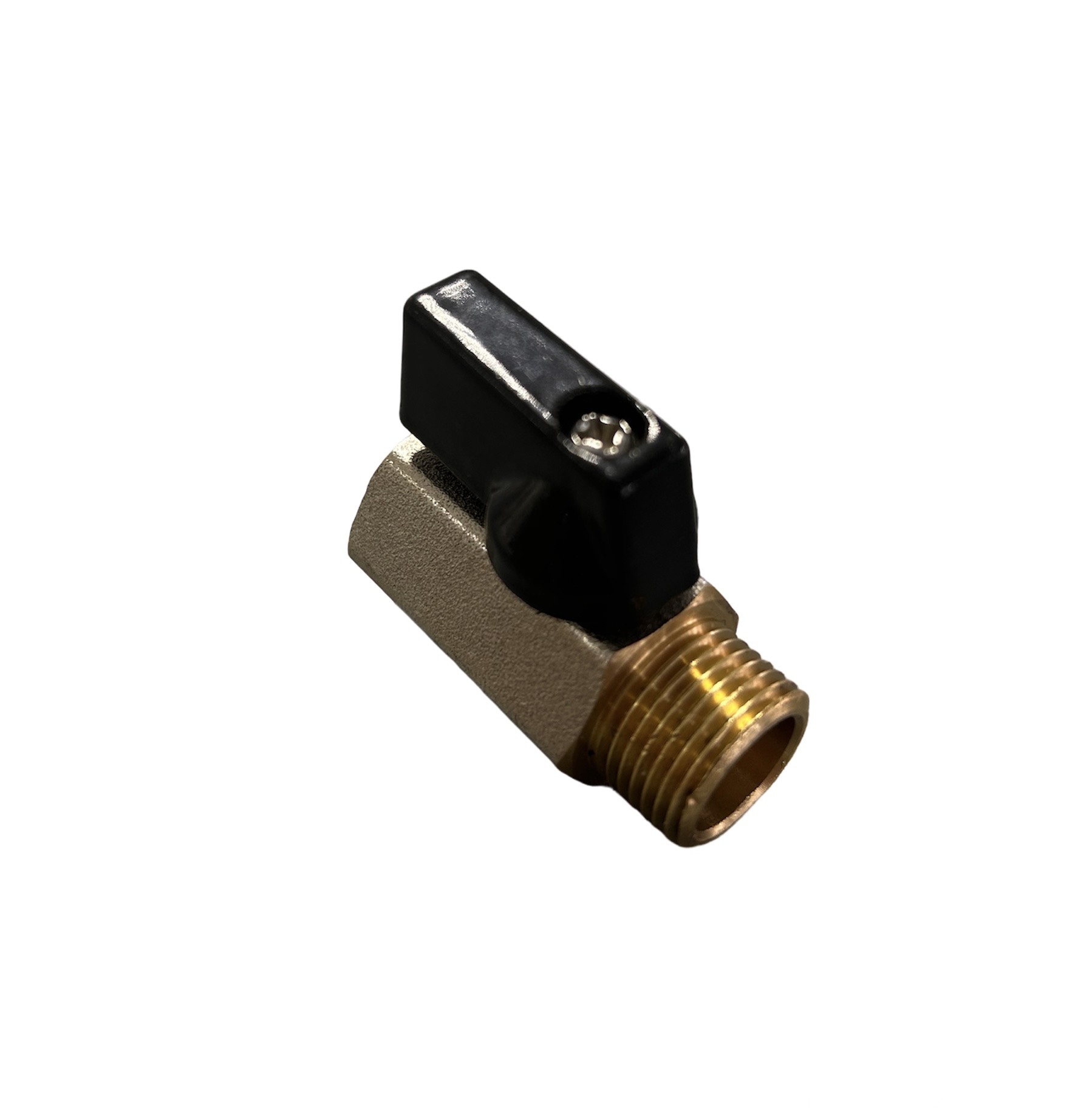 Kleiner Kugelhahn mit Innen- und Außengewinde aus Metall, zur zuverlässigen Absperrung von Flüssigkeiten oder Gasen in Rohrleitungen.