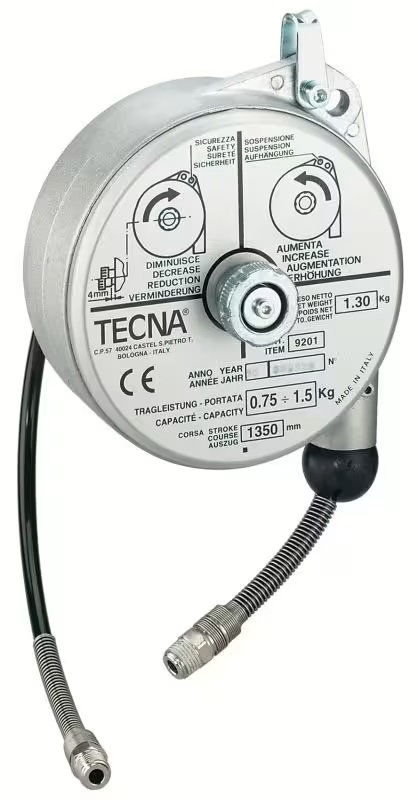 Federzug mit integriertem Druckluftschlauch, robustes Gehäuse und automatischer Rückzug für sauberes und sicheres Arbeiten.