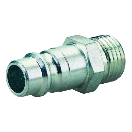 Robuster Stahl-Stecknippel mit Außengewinde, ideal für schnelle und sichere Verbindungen von Schläuchen und Geräten in Druckluftanlagen.
