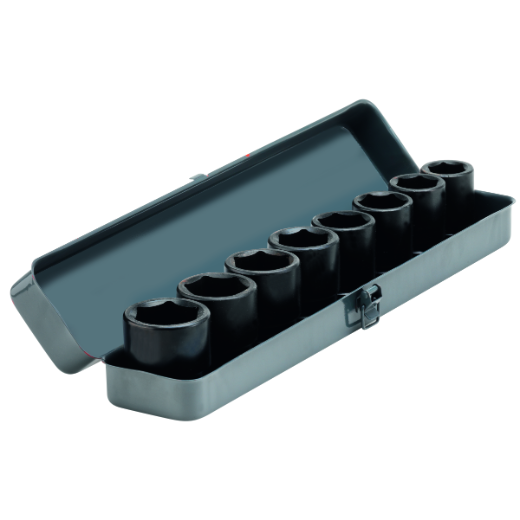 Abbildung des Steckschlüssel-Sets SKSL-SET 3/4"-8, bestehend aus verschiedenen Größen, ideal zum Lösen und Anziehen von Schrauben und Muttern in Werkstatt und Industrie.