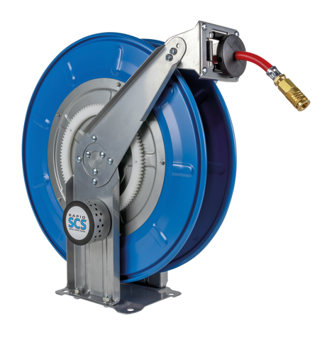 Schlauchaufroller 9.12.10-PU/2 mit robustem Polyurethan-Schlauch und automatischer Aufrollfunktion für eine sichere und ordentliche Druckluftzufuhr in Werkstatt und Industrie.