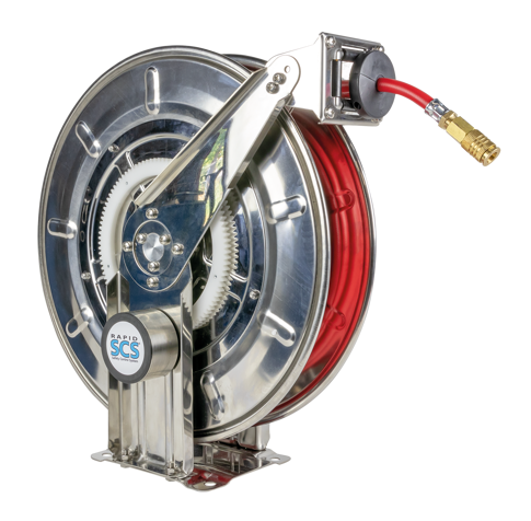 Schlauchaufroller 9.12.10-PU/E/3 mit Polyurethan-Schlauch und automatischer Aufrollfunktion, inklusive Wandhalterung für ordentliche und sichere Druckluft- oder Wasserversorgung.