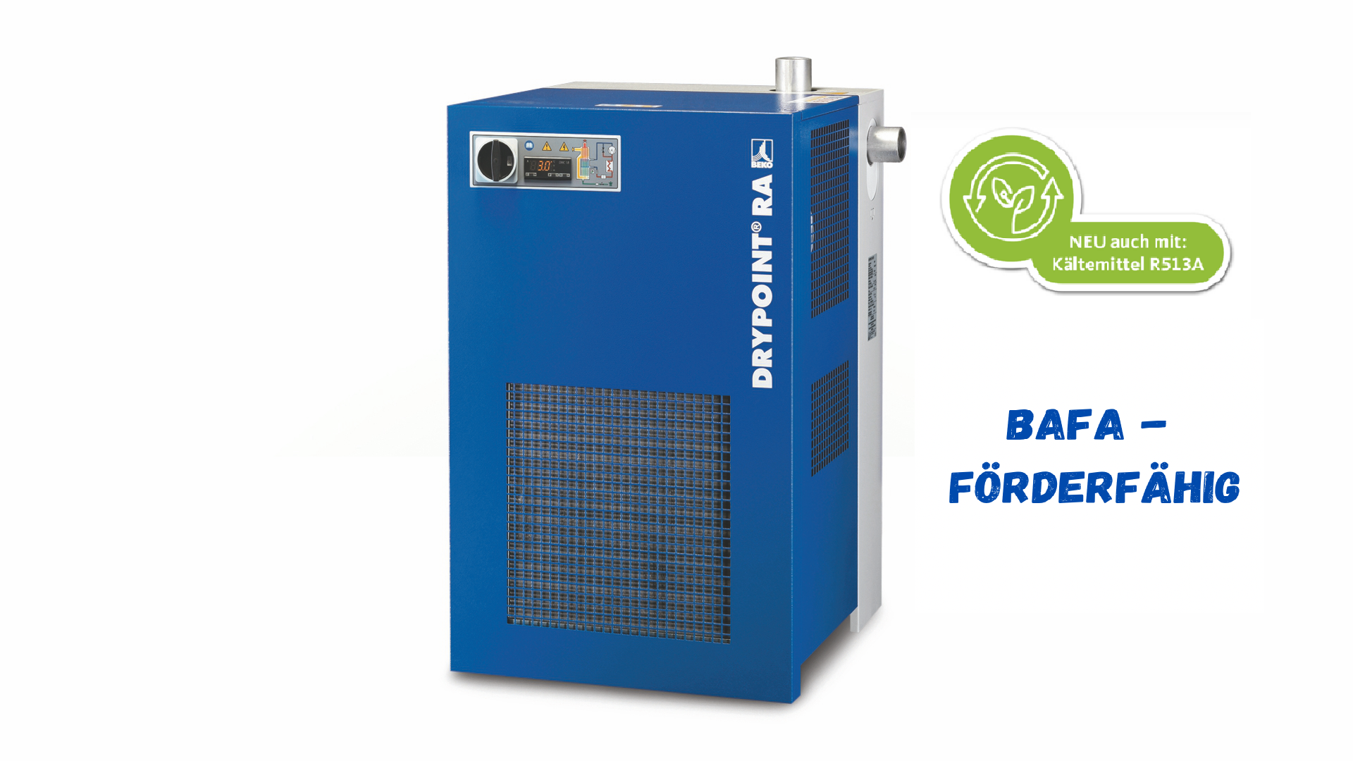 Leistungsstarker RA/AC Kältetrockner für Druckluftanlagen, energieeffizient und umweltfreundlich im Betrieb, BAFA-förderfähig für nachhaltige Druckluftaufbereitung.